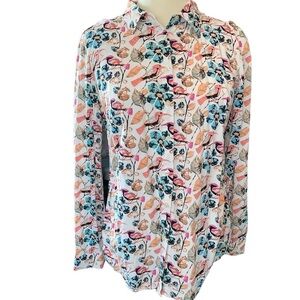 Talbots blouse button down long sleeve w/buttons for roll up bird & floral Sz S